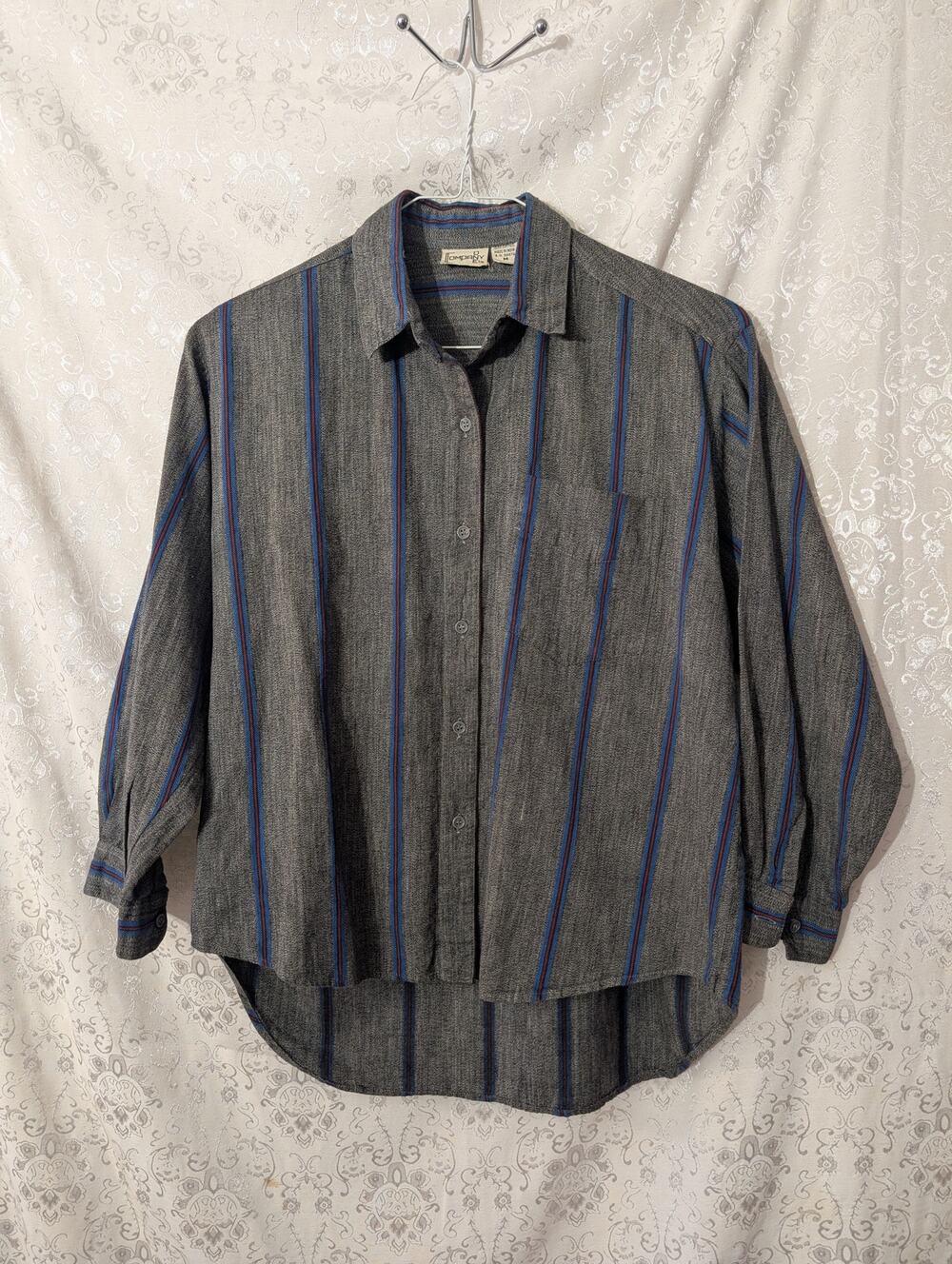 VTG 90s Woven Striped Button Down Shirt High Low Hem Grey Blue M